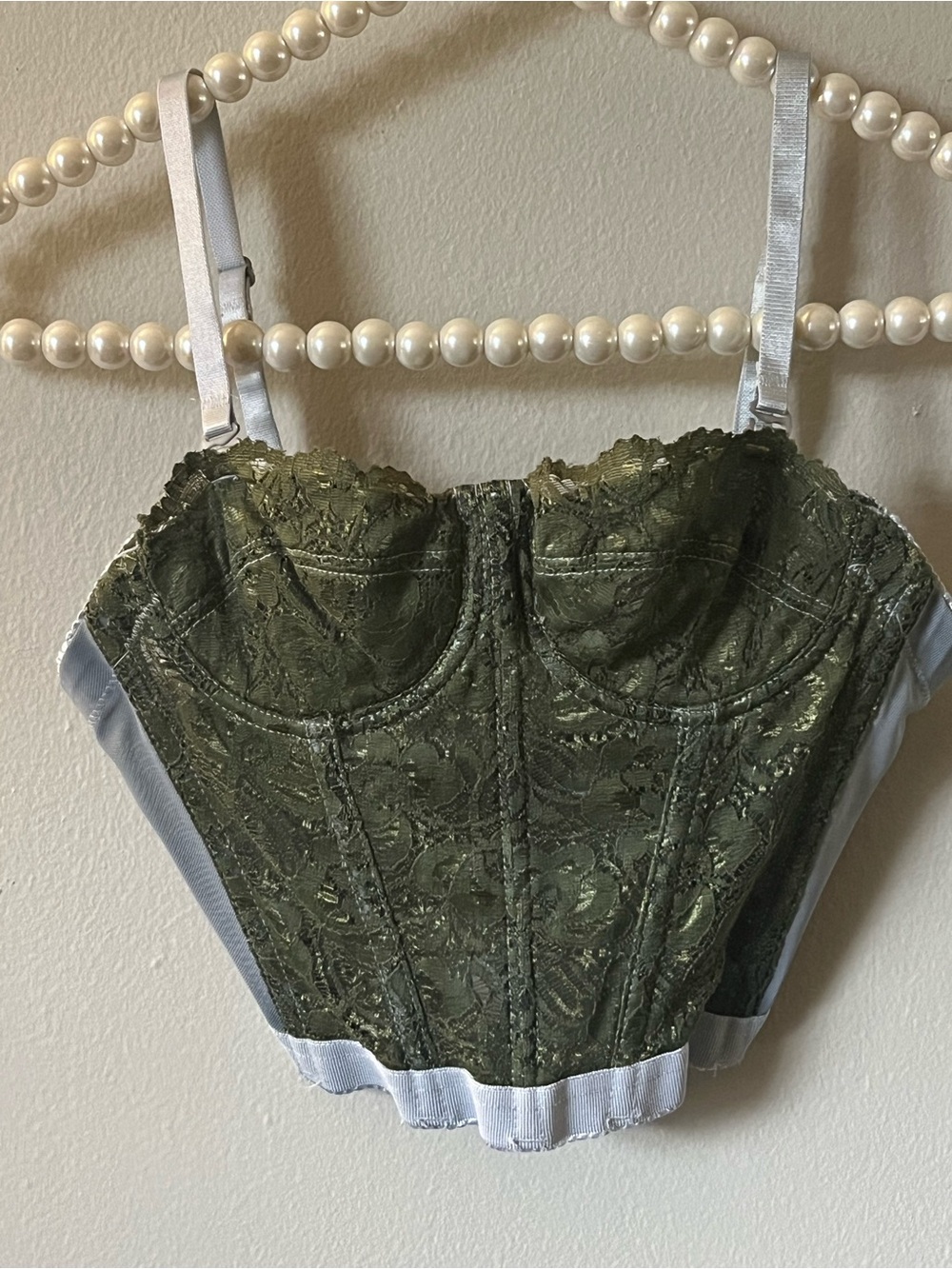 Olive Lace Bustier Bodysuit with Contrast Straps